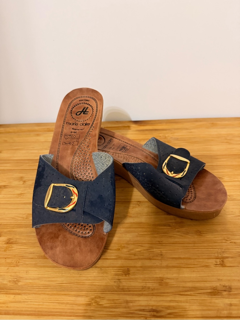 Marie Claire Anatomical Navy Buckle Wedge Slide Sandals for Women
